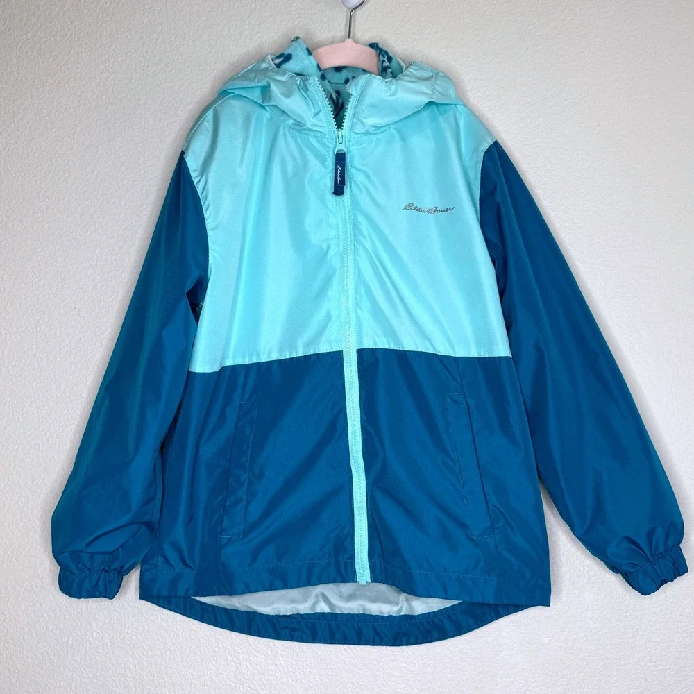 EDDIE BAUER Girls 3 in 1 Jacket Windbreaker Fleece Lining SM (7-8) Teal Outdoor